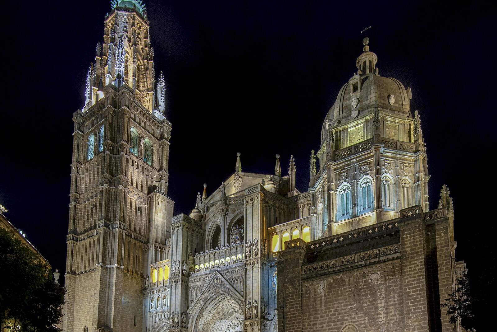 The Gothic façade and tower of Toledo Cathedral.
