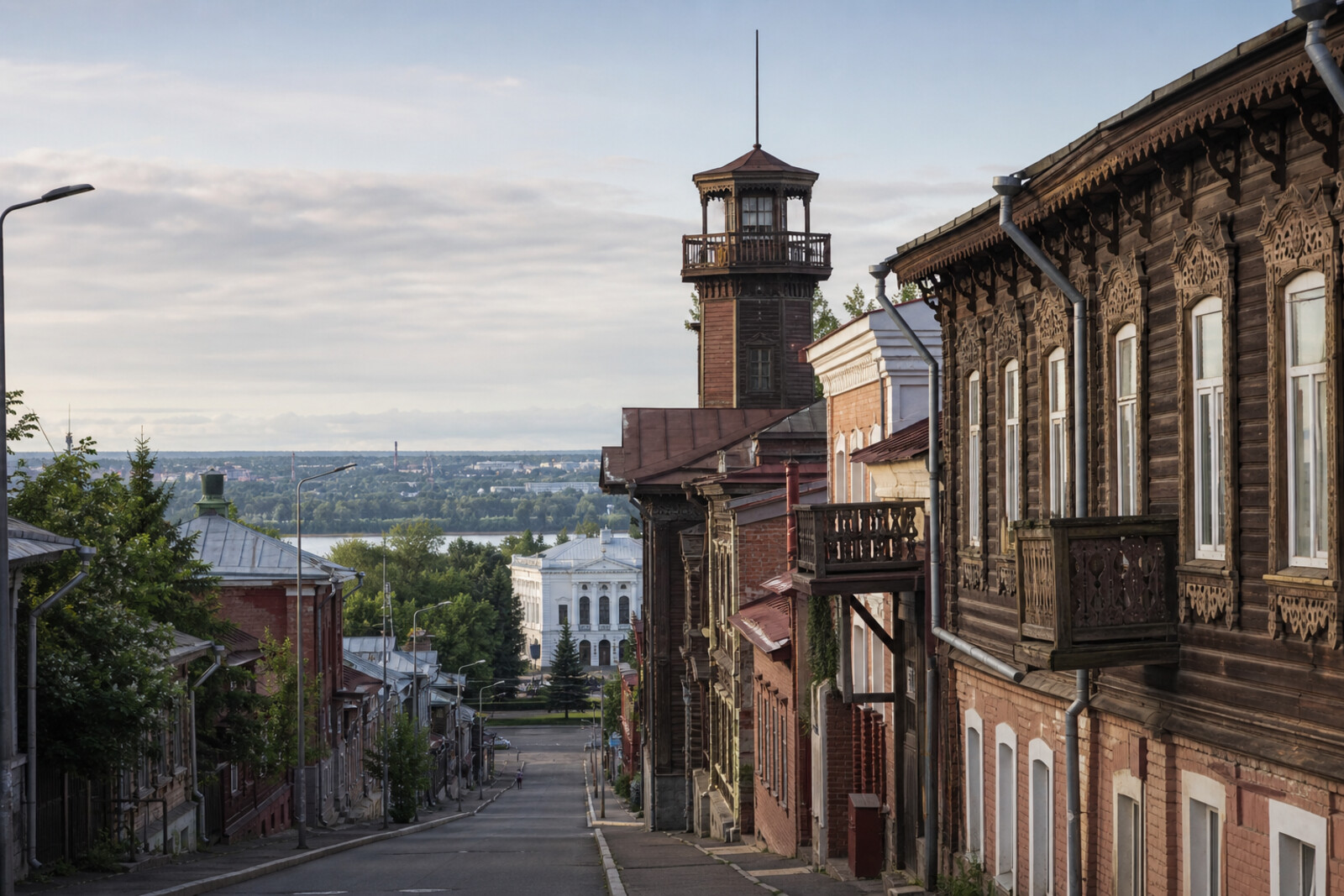 A route view of Tomsk with a carved wooden house, a fire tower, the university, and the high bank of the Tom River.