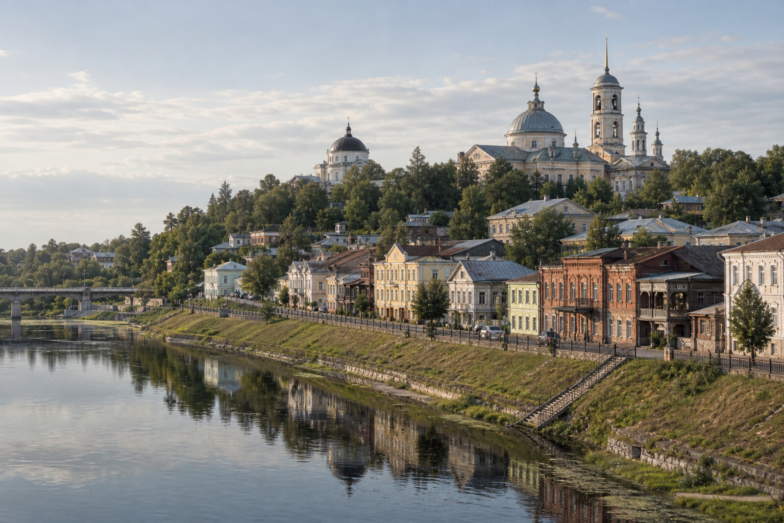 Tverzhok above the Tvertsa River with historic facades and a monastery silhouette.