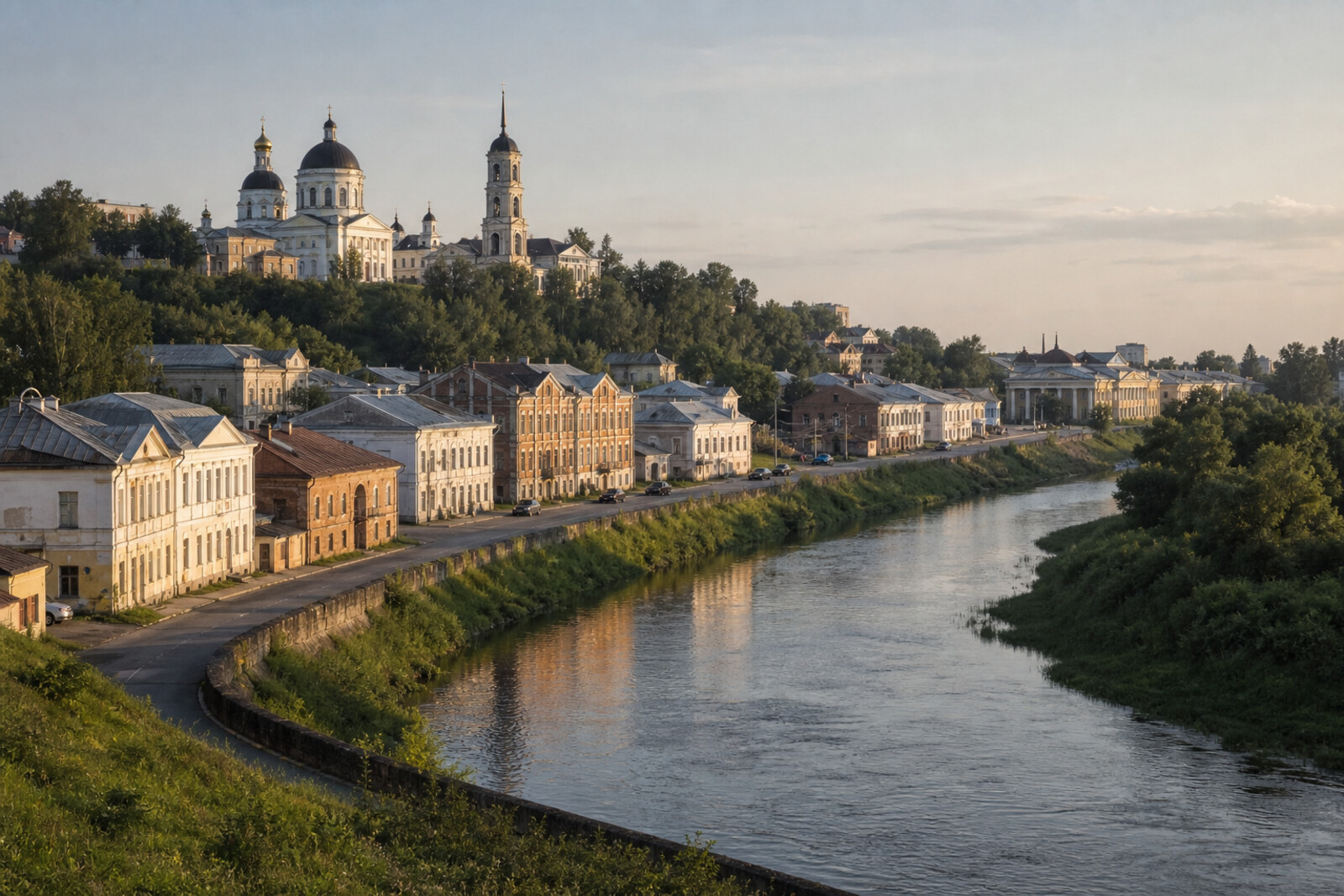 A route view of Torzhok above the Tvertsa, with historic façades, a monastery silhouette, and the Imperial Travel Palace.