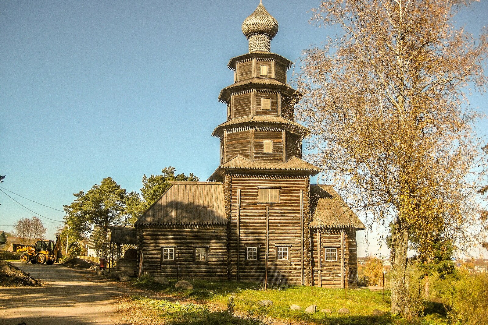 The tall, tiered wooden Tikhvin Church in Torzhok.