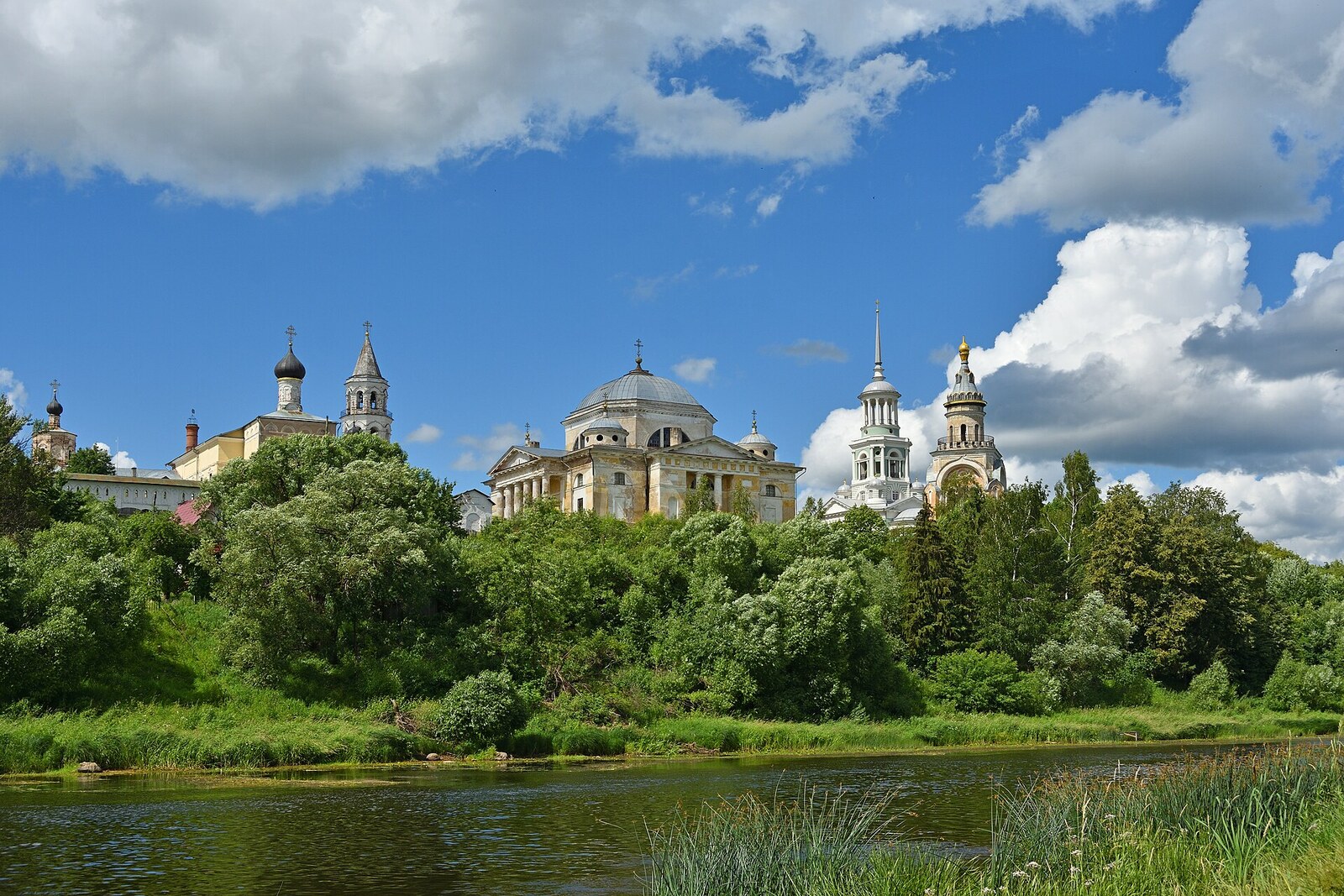 The stone ensemble of Borisoglebsky Monastery on the high bank in Torzhok.