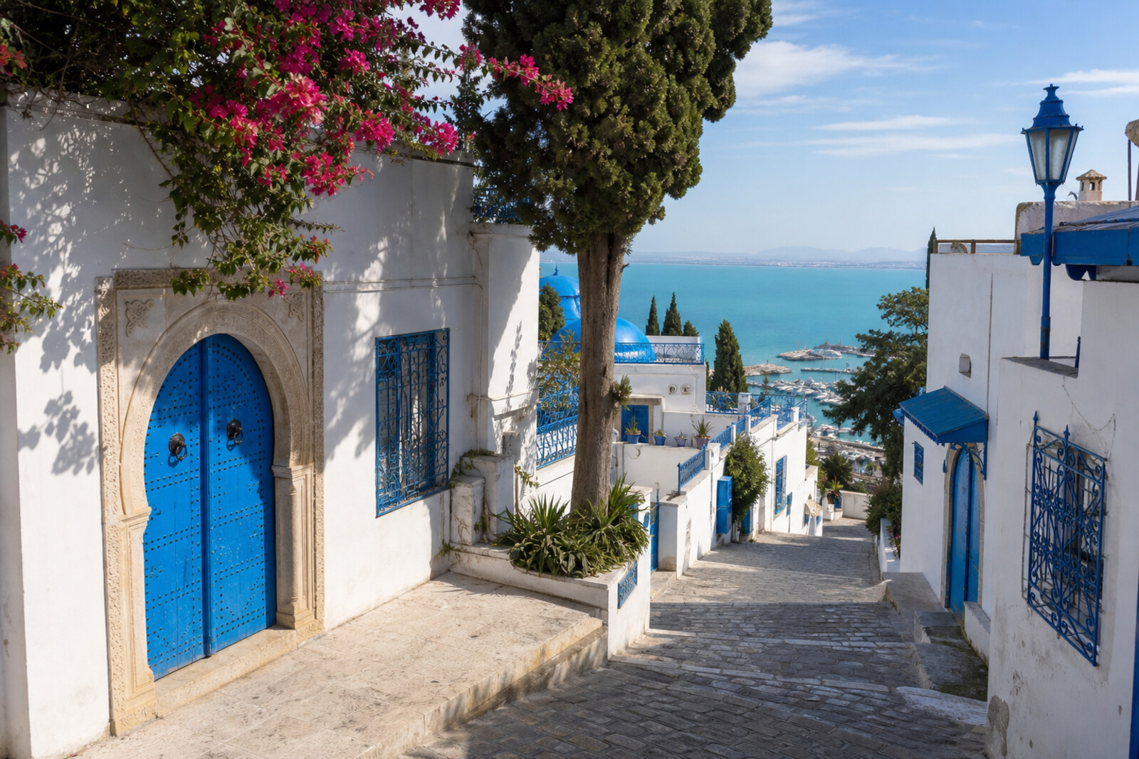White houses with blue doors on the hill of Sidi Bou Said and the Gulf of Tunis.