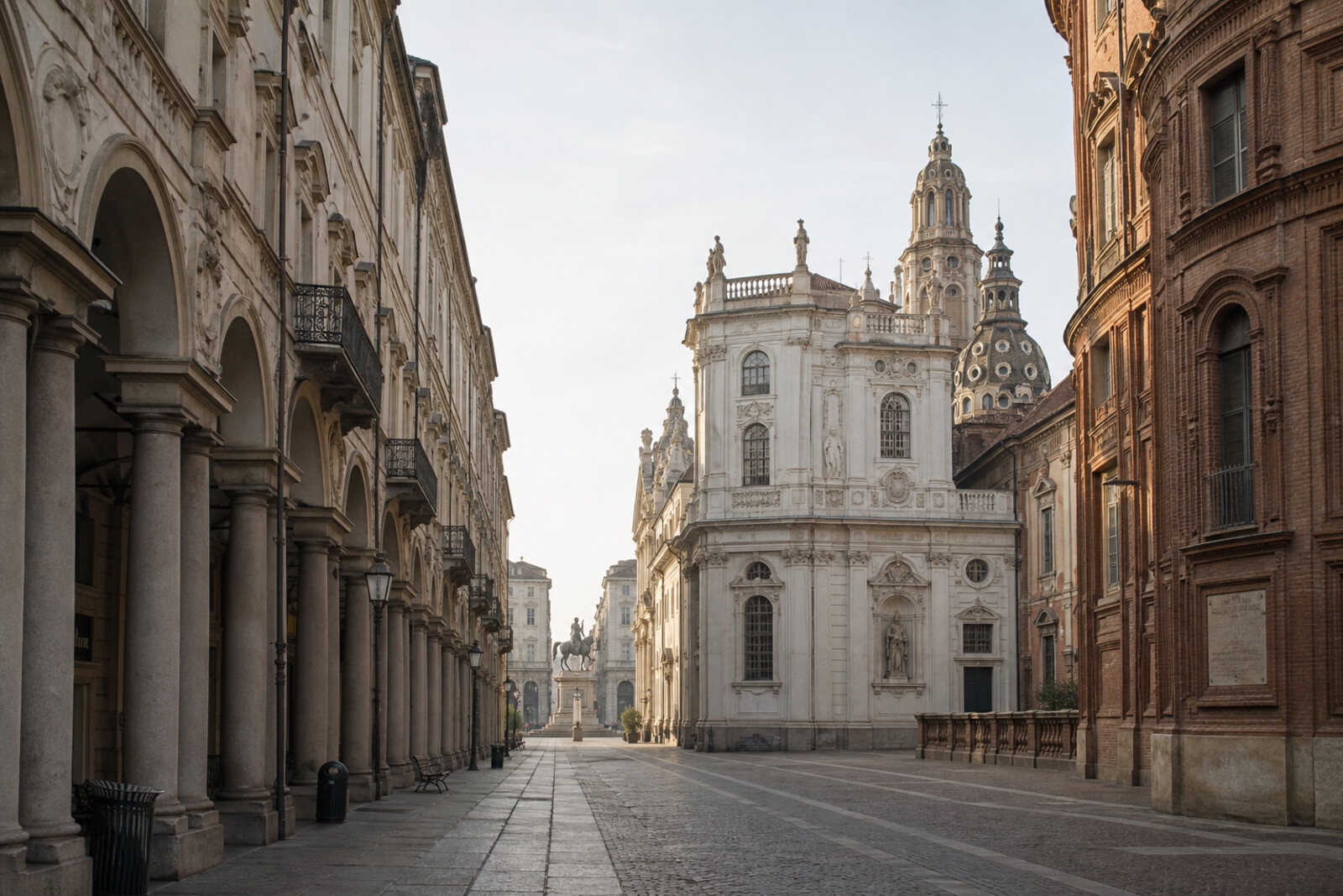 A route through Savoy Turin: Palazzo Madama, arcades, the brick facade of Palazzo Carignano, and the monument on Piazza San Carlo.