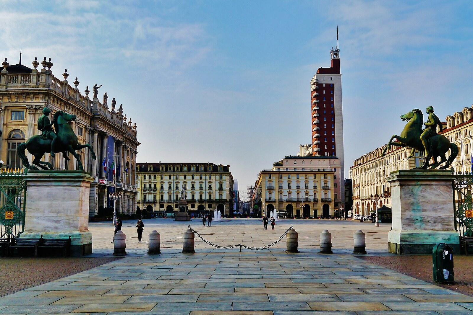 Piazza Castello with the white facade of Palazzo Madama at its center.