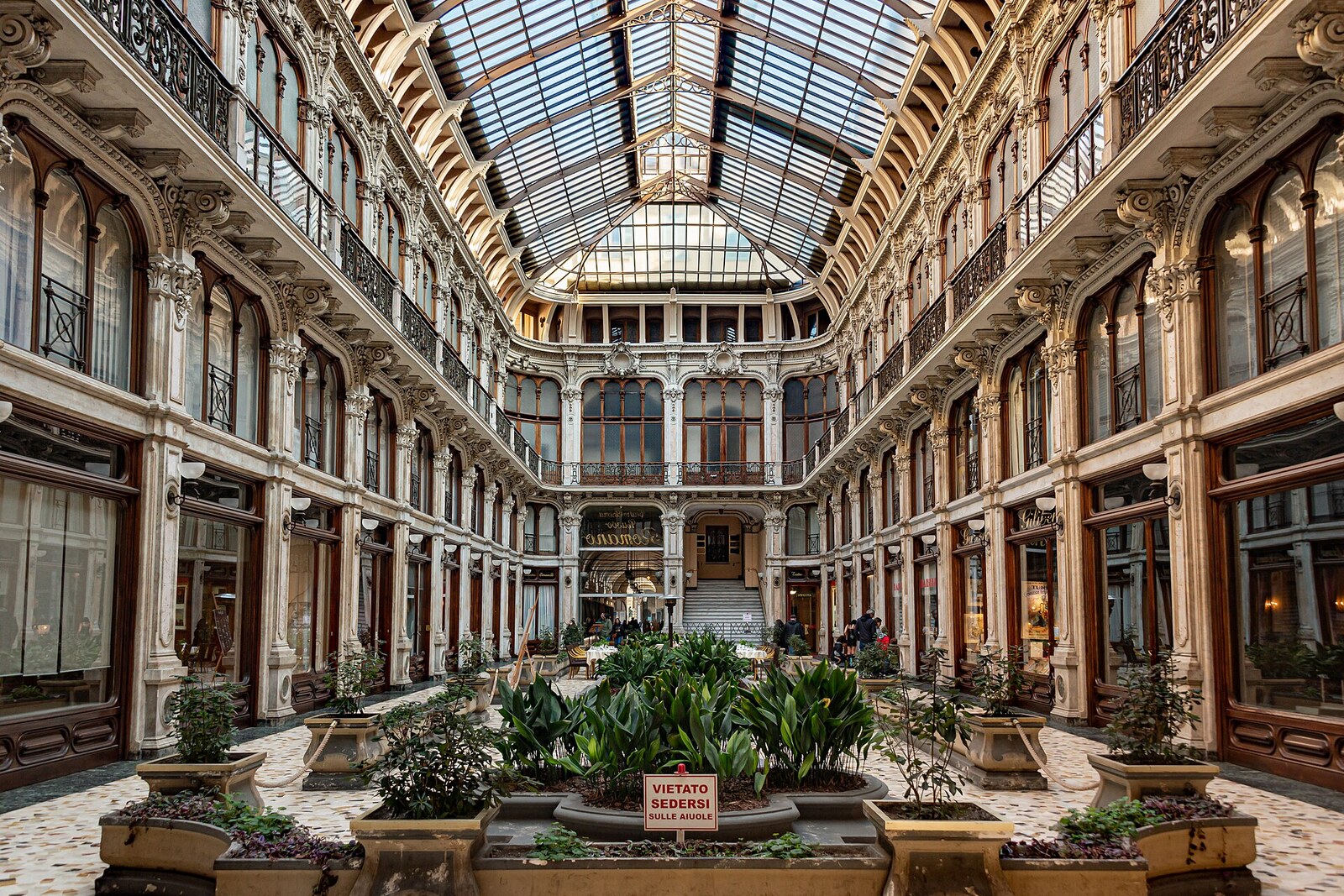 The covered passage of Galleria Subalpina with its glass roof.