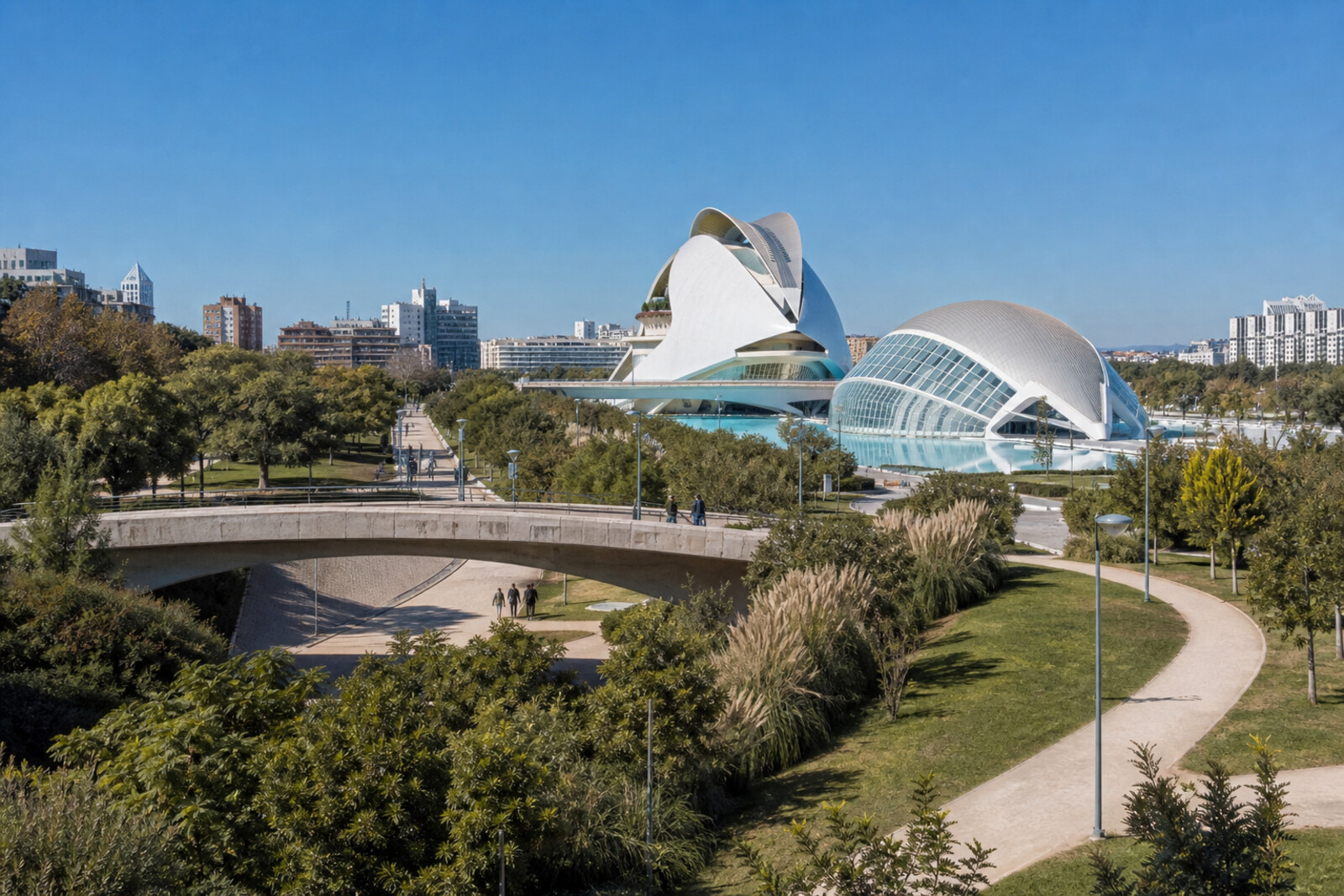 Illustration showing the green Turia Riverbed and the white buildings of the City of Arts and Sciences