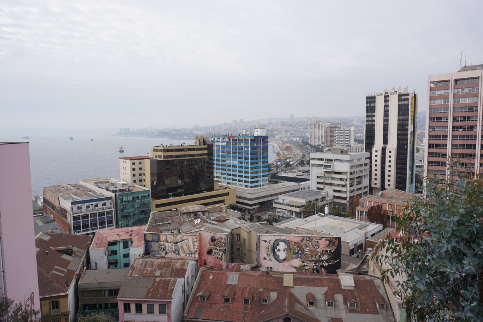 View from Paseo Yugoslavo (formerly Paseo Americano) over the city rooftops, the port layout, and the bay.