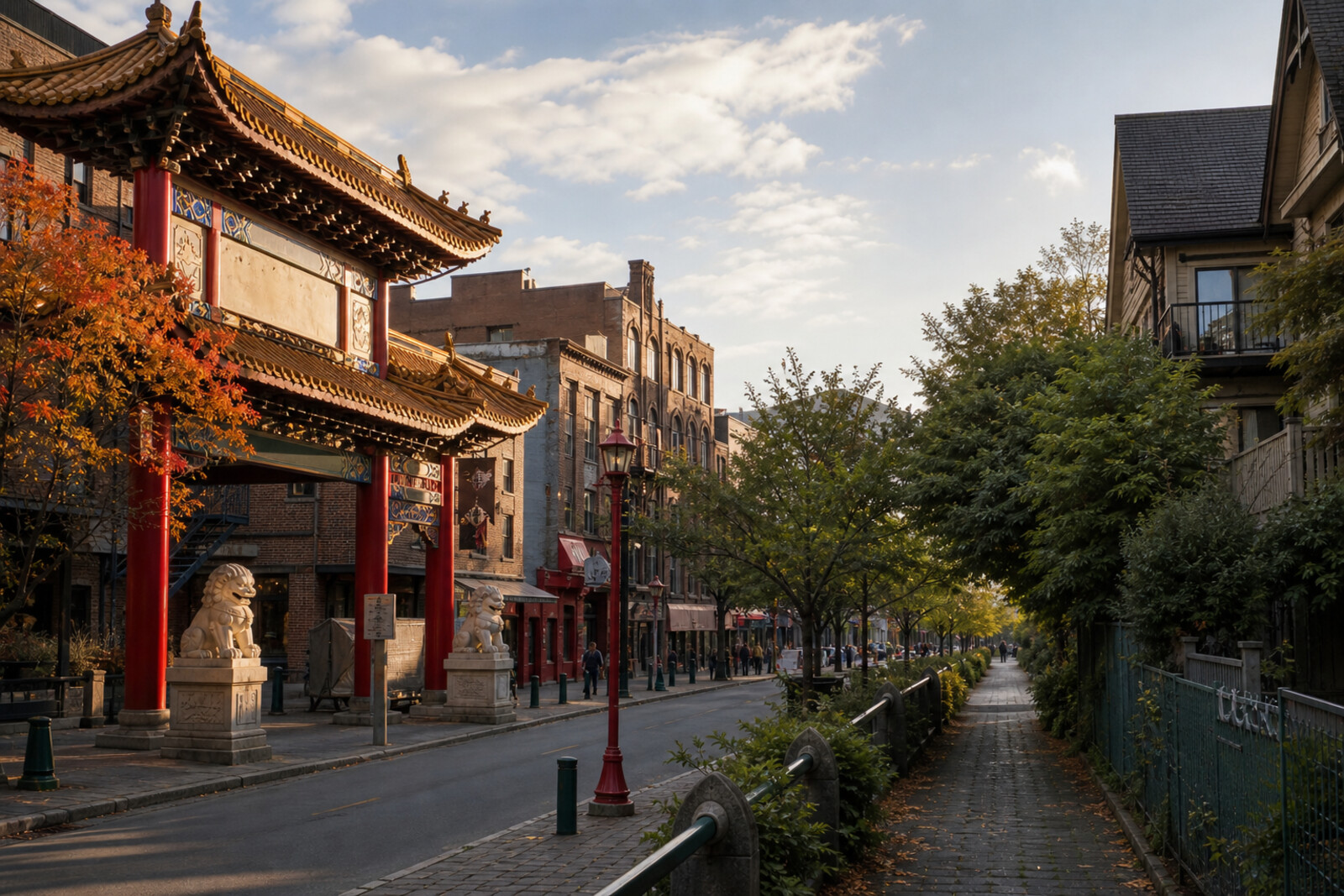Illustration of Chinese gates, brick houses, and a leafy lane, representing Chinatown and Strathcona