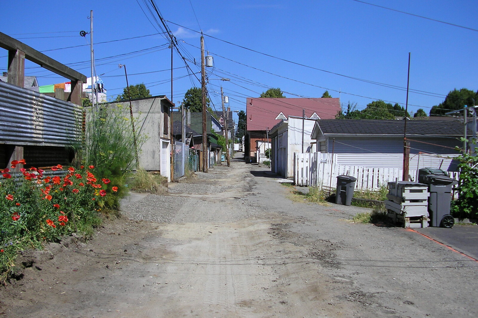A small Hogan’s Alley with wooden buildings and vegetation