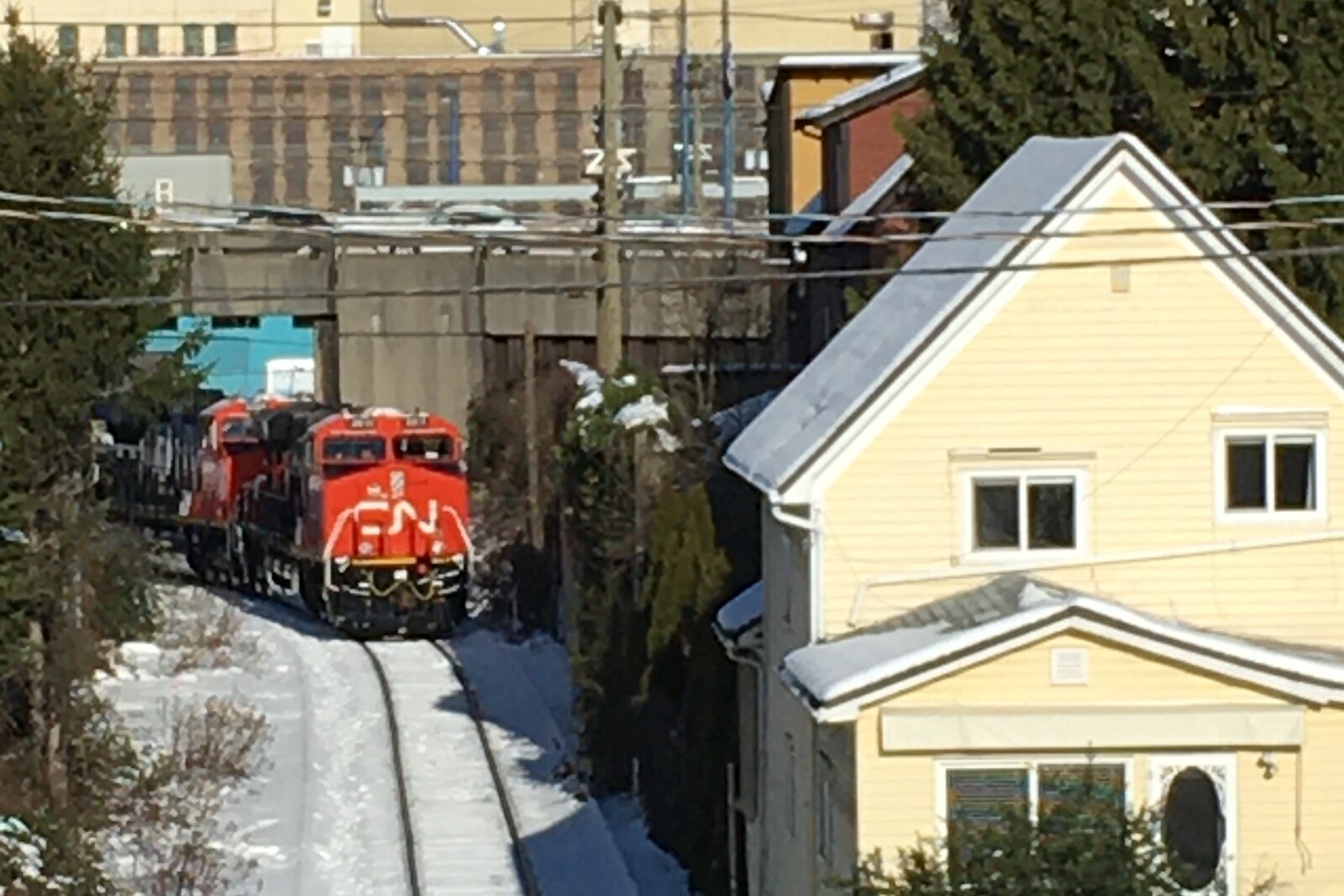 View from the Militant Mothers of Raymur Overpass of the railway tracks in Strathcona.