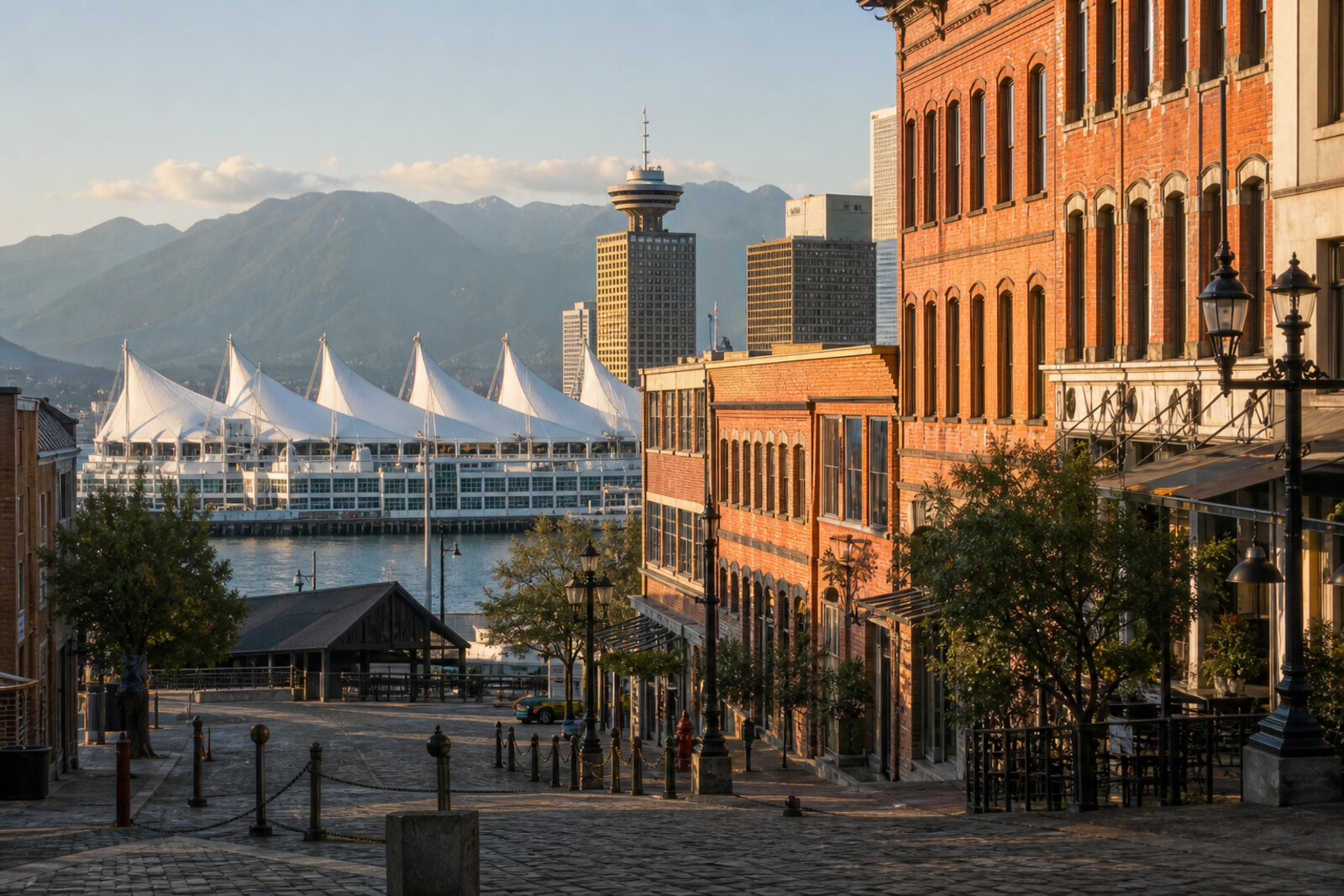 Illustration of the white sails of Canada Place, the Harbour Centre tower, and Gastown's red-brick warehouses against a mountain backdrop.