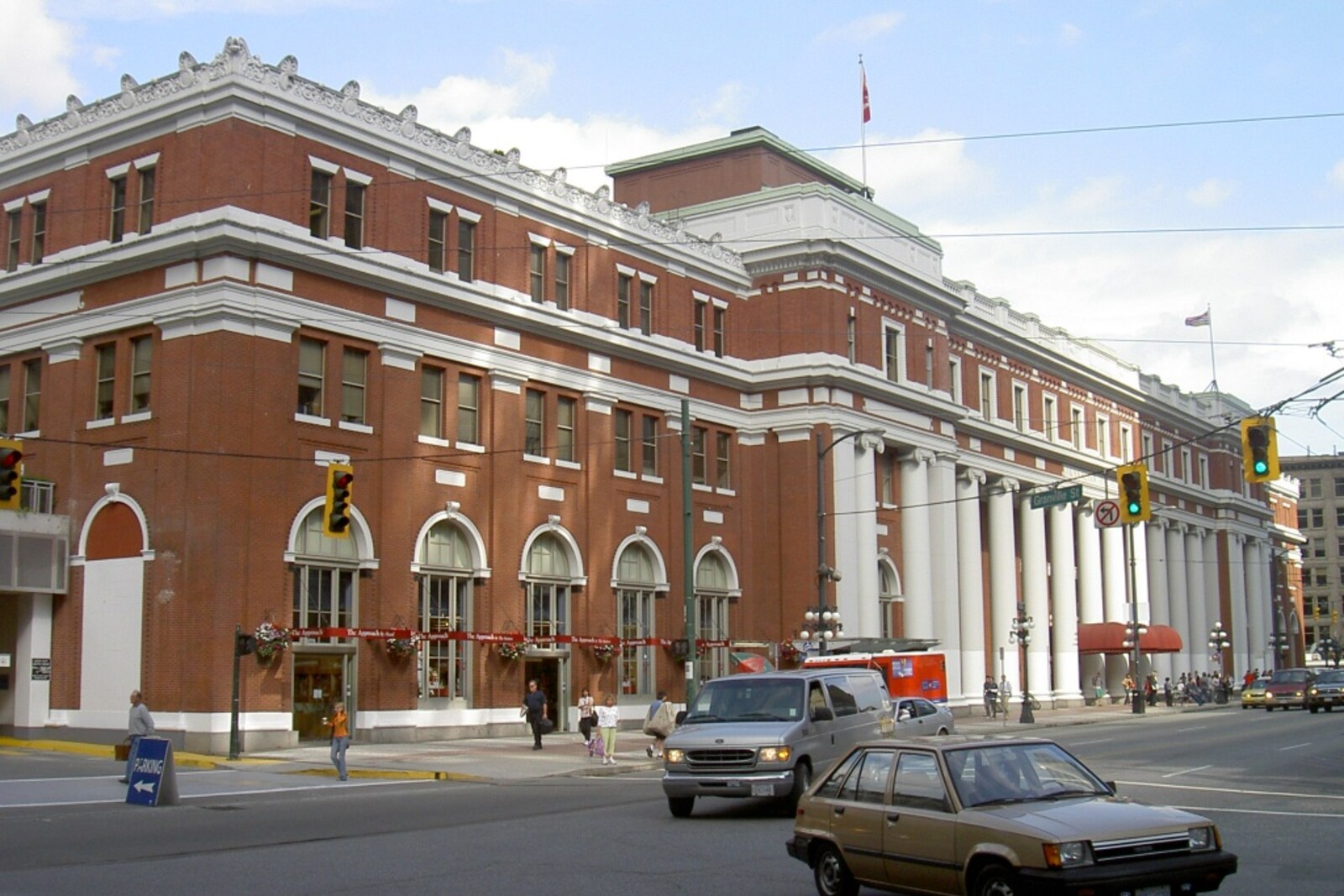 View of Waterfront Station in Vancouver, with its columns and sandstone façade.