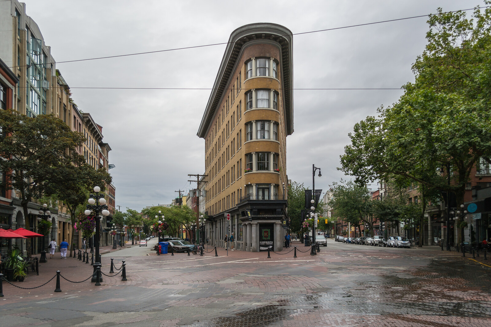 The triangular Hotel Europe building at a street intersection in Gastown, Vancouver.