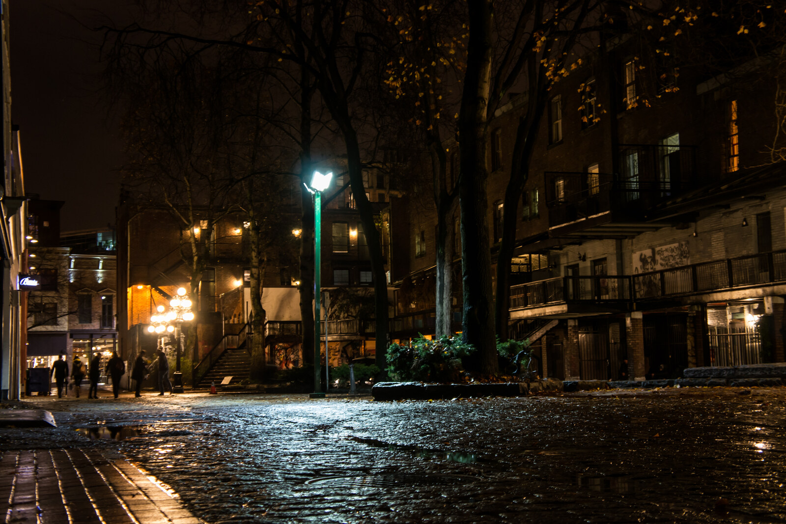 A narrow Blood Alley with cobblestones and brick facades in Gastown.