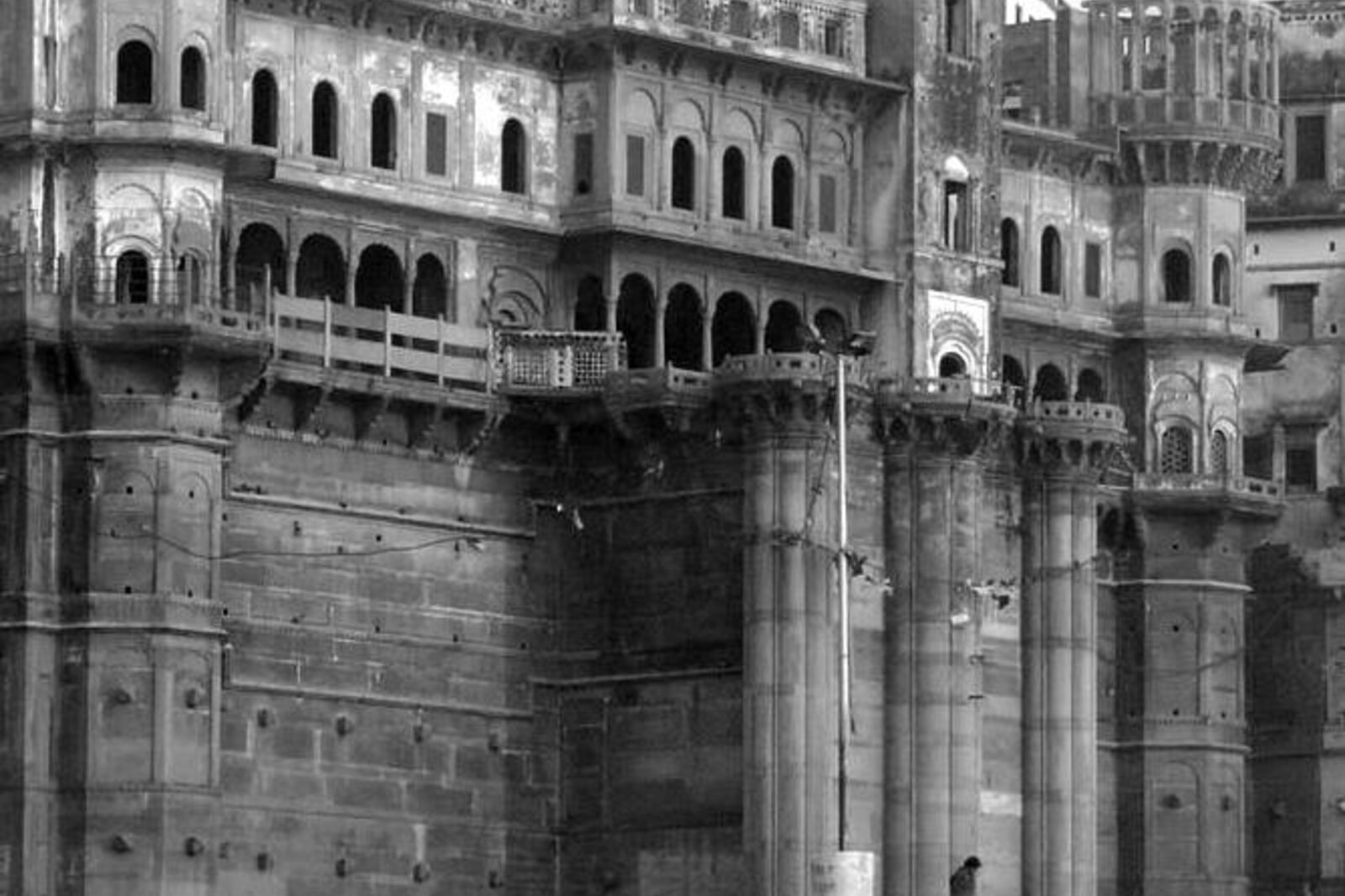 The Darbhanga palace facade above the ghat steps.