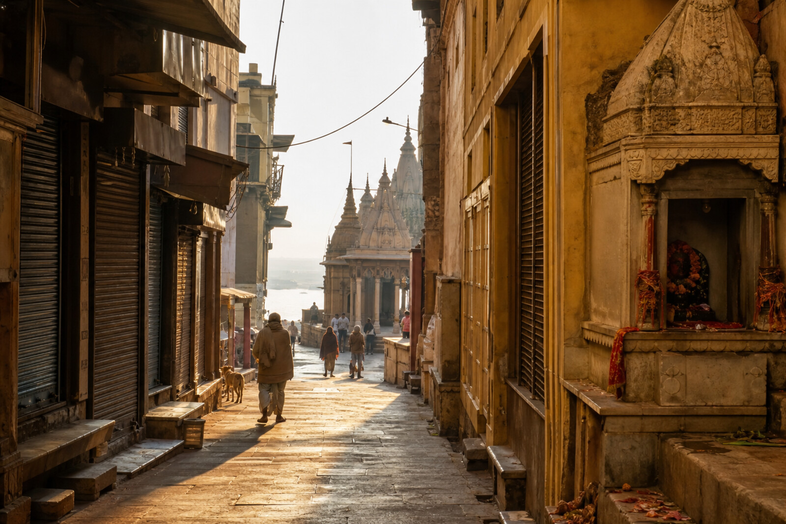 An abstract view of narrow lanes and the spire of Kashi Vishwanath Temple at dawn, leading toward the Ganges