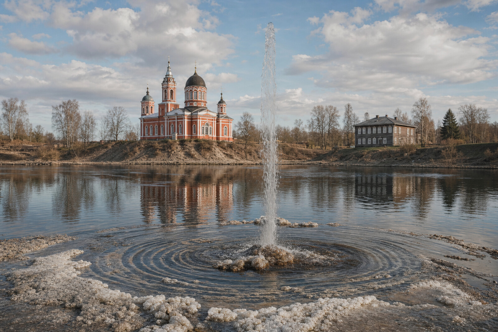 Editorial composition of Staraya Russa: Resurrection Cathedral, a mineral fountain, salt, rivers, and the Fyodor Dostoevsky house