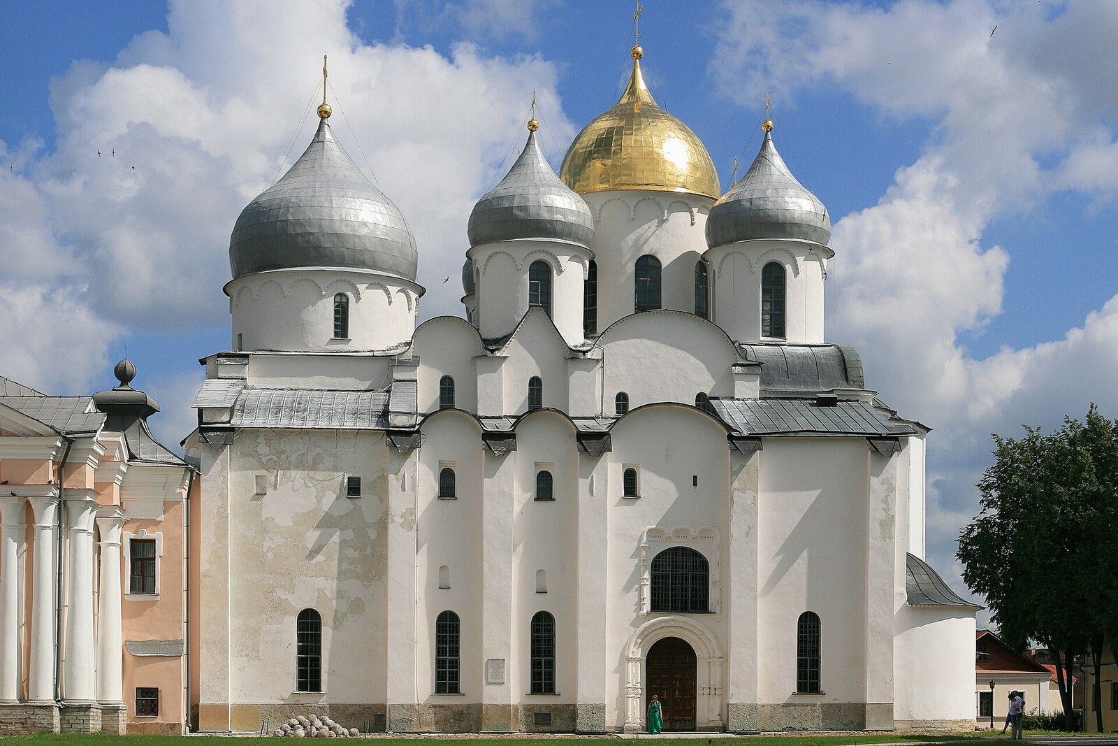 White-stone St Sophia Cathedral with five cupolas.