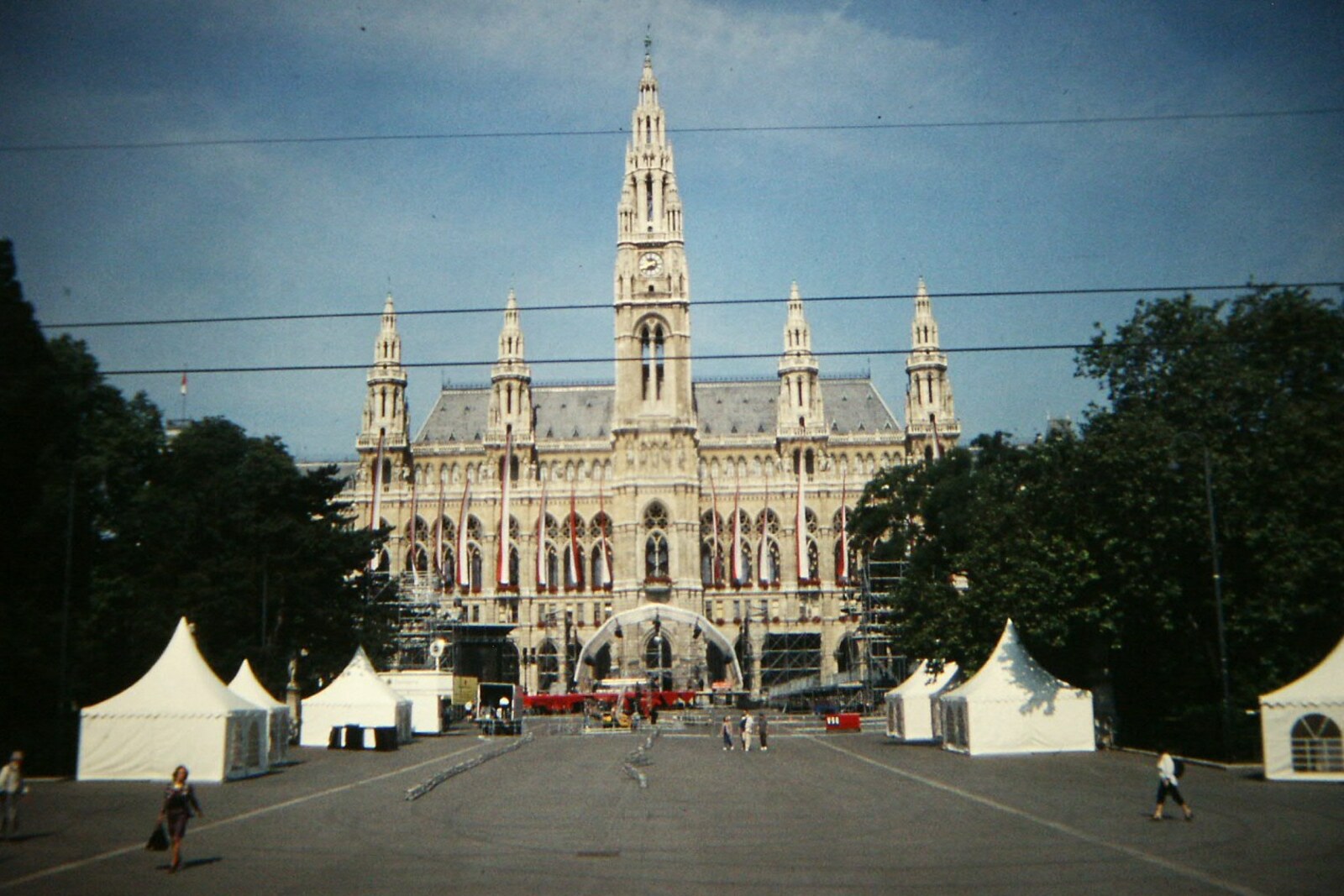 Facade of Vienna City Hall with its tall tower and the Rathausmann statue