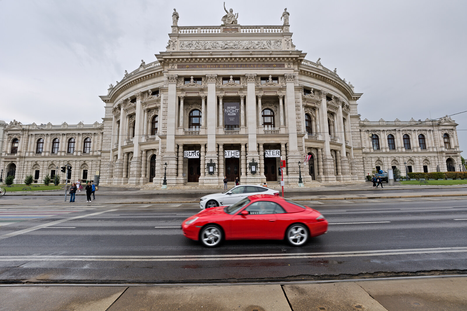 View of the Burgtheater with the colonnade and statues on its facade