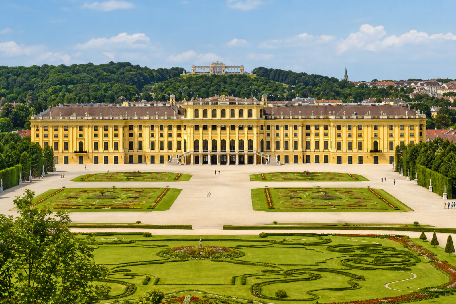 Panoramic view of Schönbrunn Palace with its Baroque garden and the Gloriette on the hill