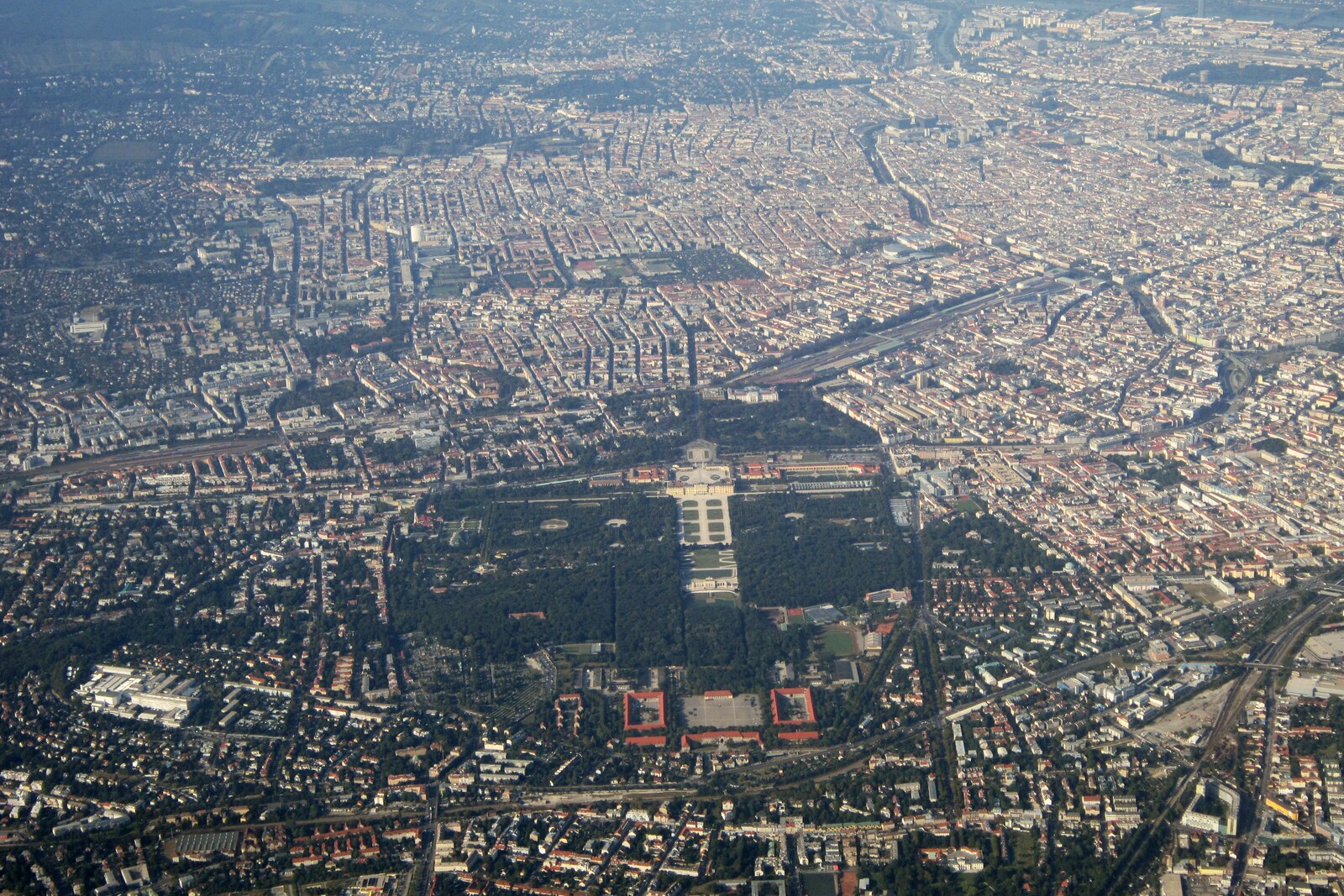 Panoramic view of Schönbrunn's yellow palace and green parterre