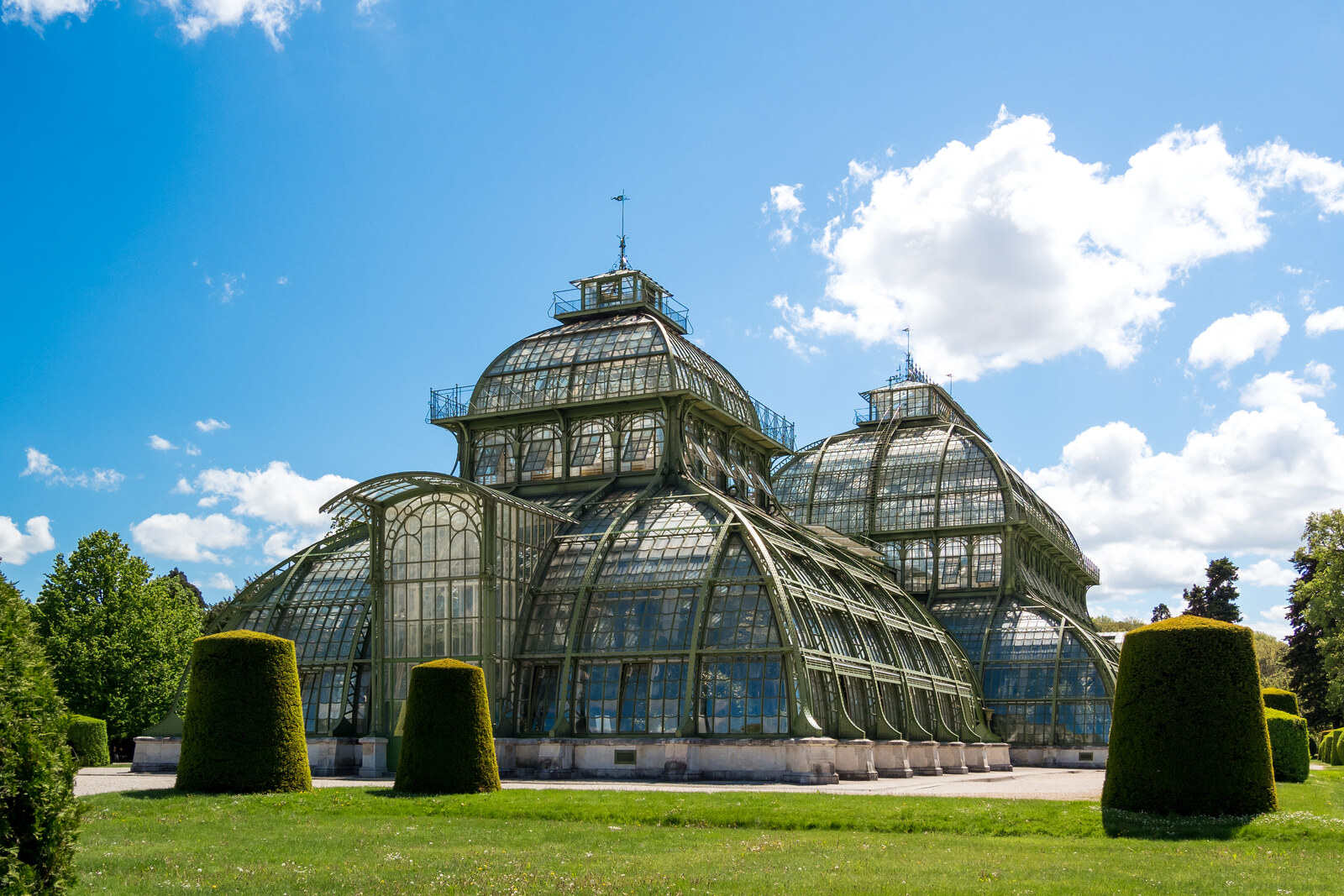 El largo pabellón de cristal de la Casa de las Palmeras entre vegetación