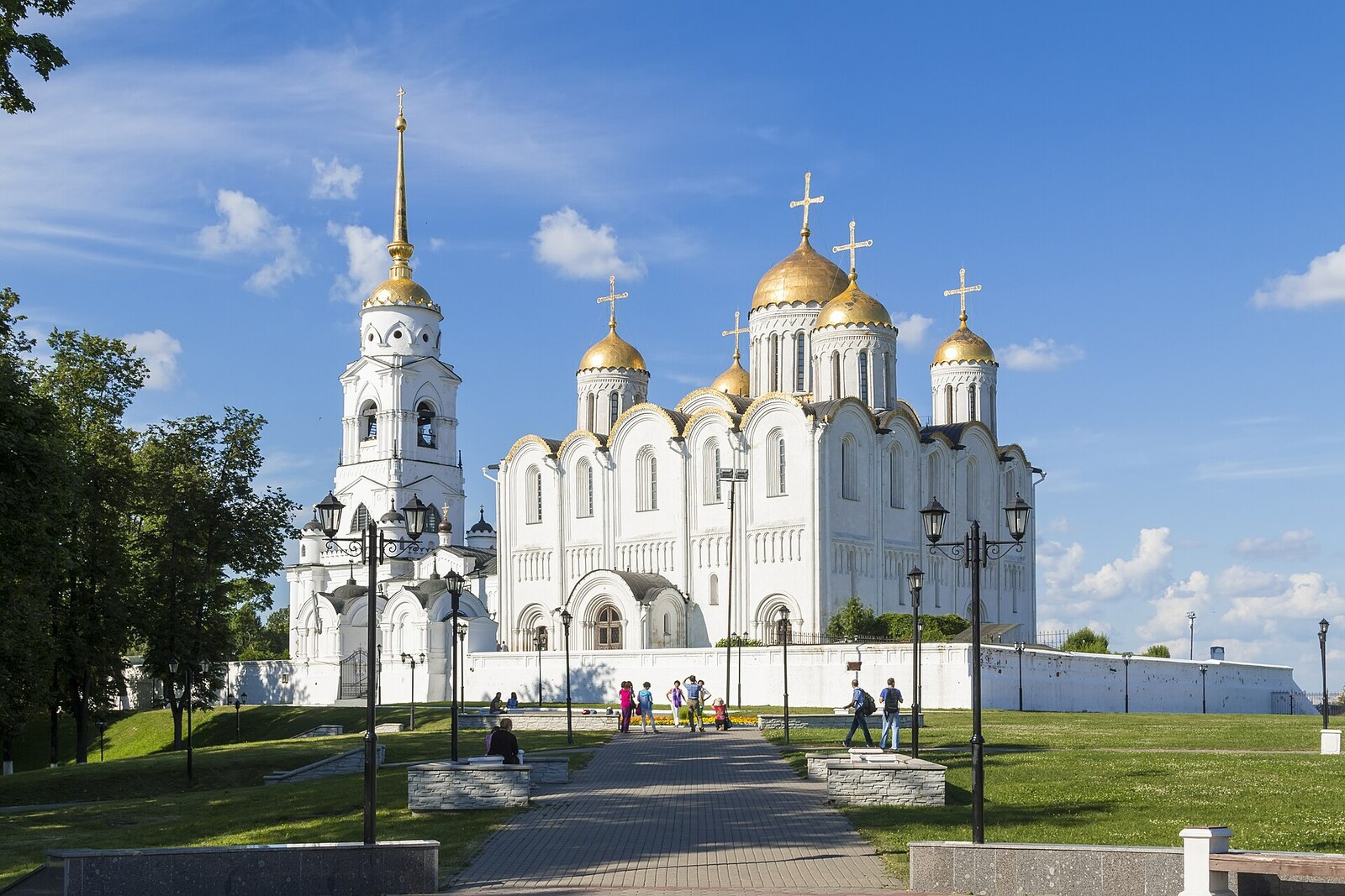 The five-domed white-stone Assumption Cathedral of Vladimir under the open sky.
