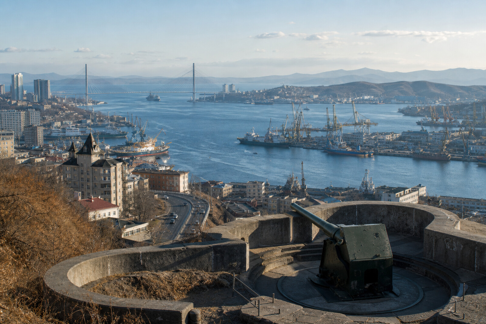 Illustrated view of Golden Horn Bay, Golden Bridge, port tracks, and the hills of Vladivostok.