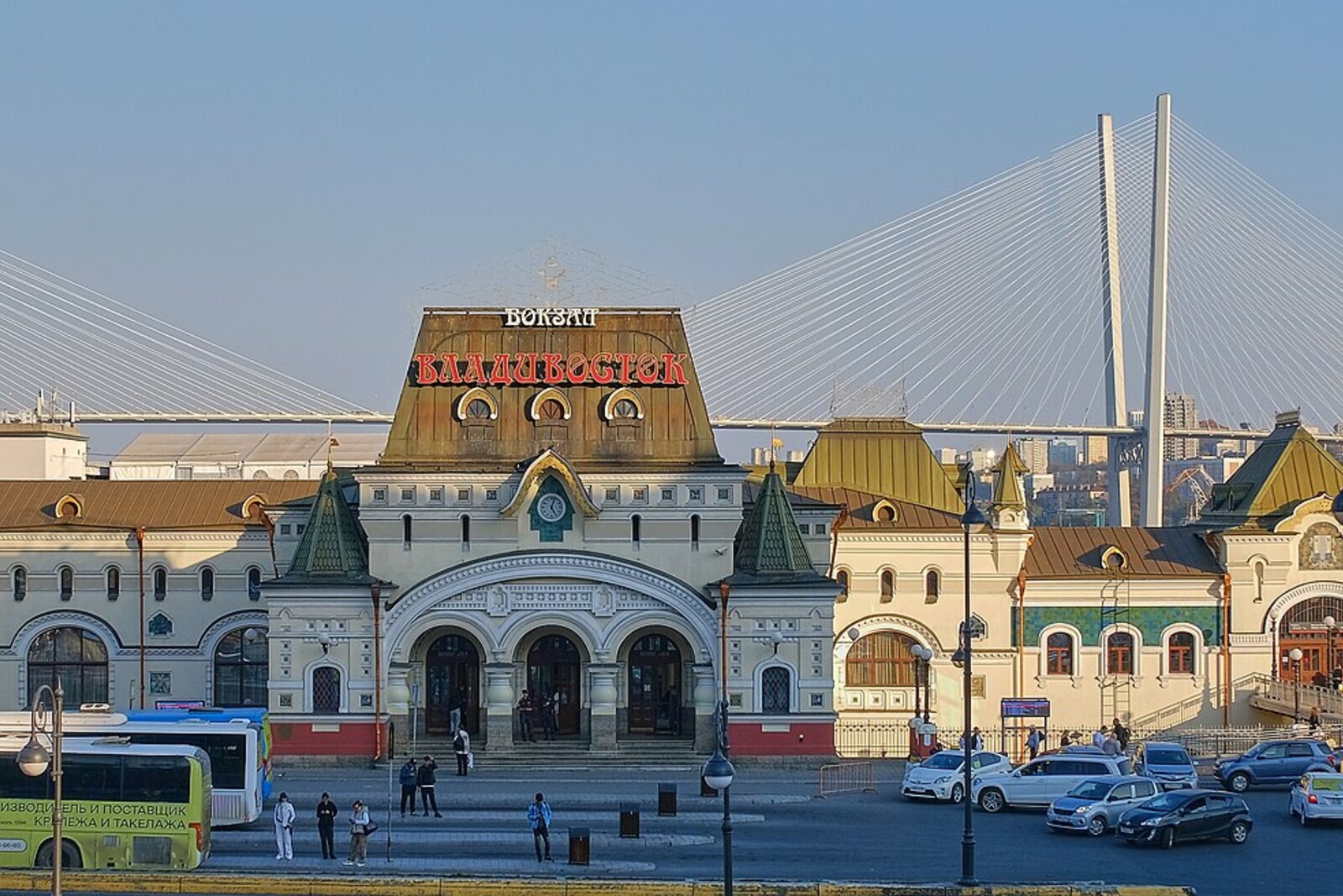 The main façade of Vladivostok Railway Station, with towers and an ornate roof.