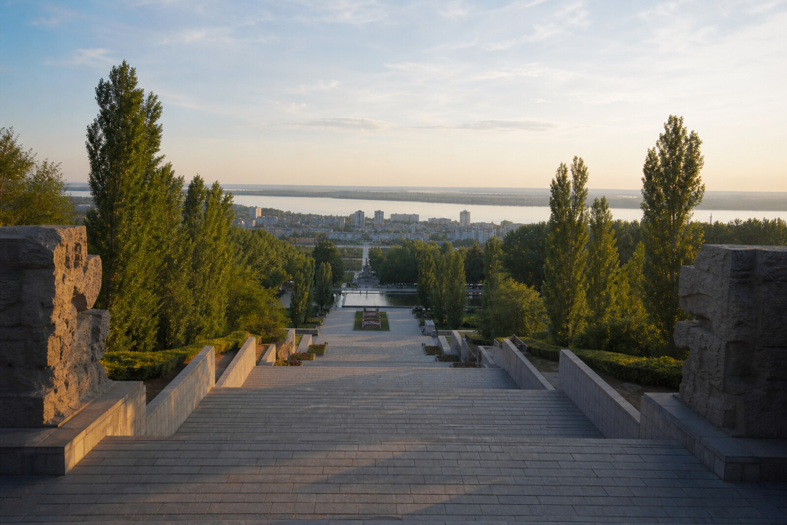 Graphic route cover: the Volga, the embankment, the mill ruins, and the silhouette of the memorial hill.