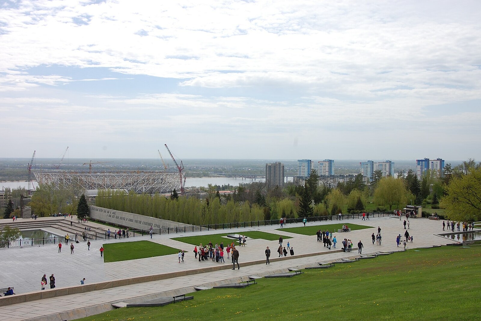 View from Mamayev Kurgan toward the Volga and the city rather than a close-up of the modern memorial sculptures.