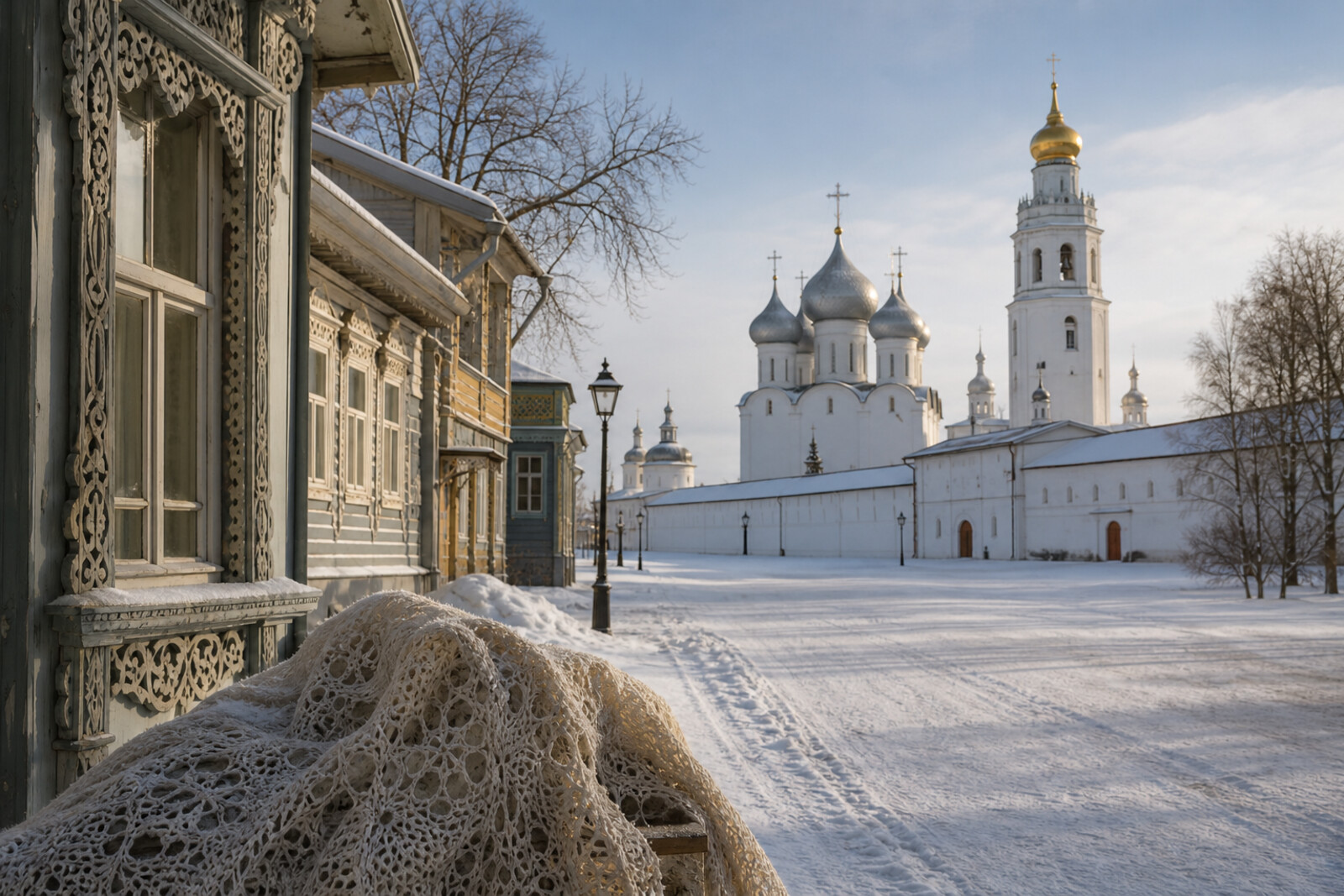 Graphic Vologda: Sophia Cathedral, the bell tower, a bishop's wall, wooden carving, a lace ribbon, and the line of the river.