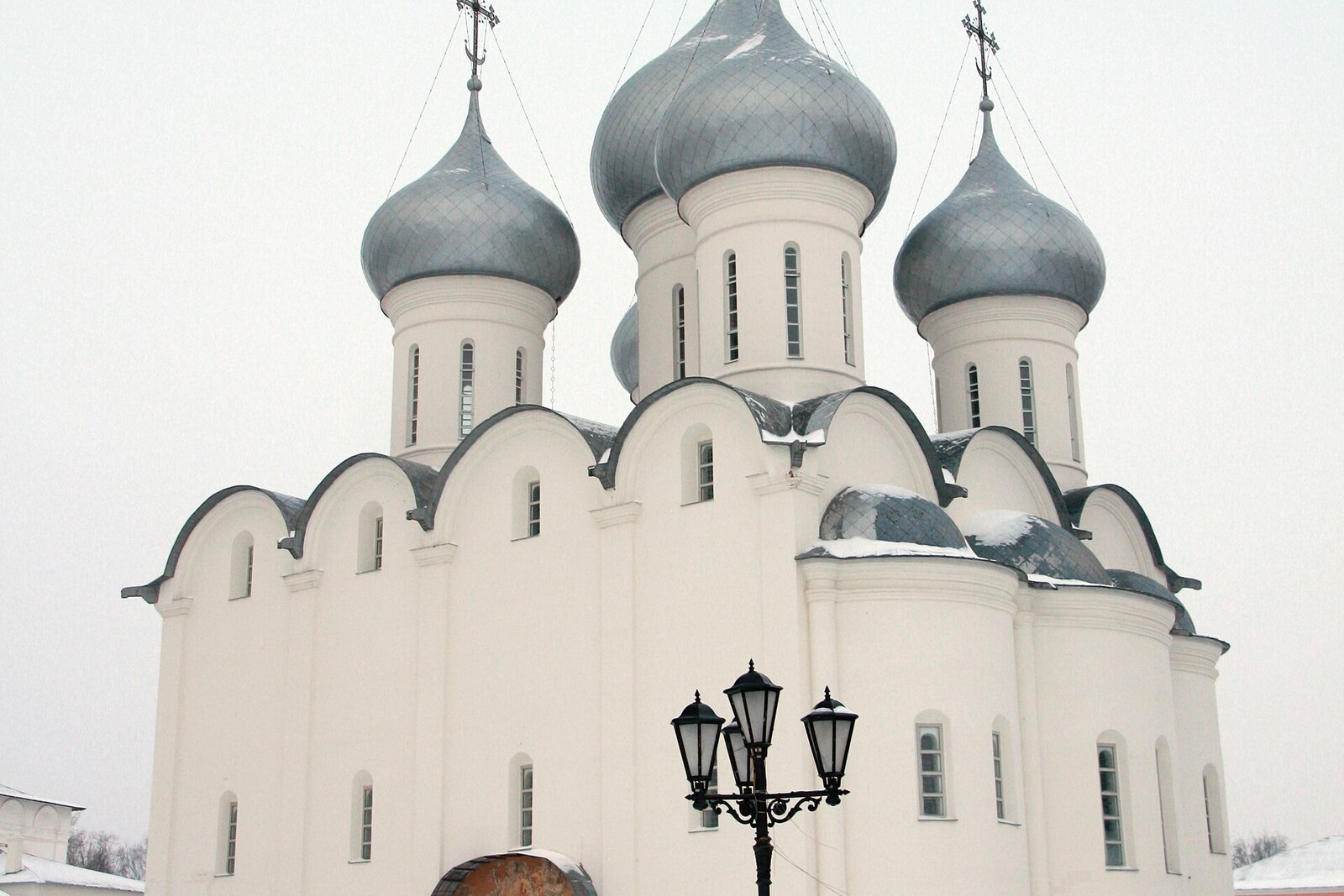 The white five-domed Sophia Cathedral in Vologda in winter.
