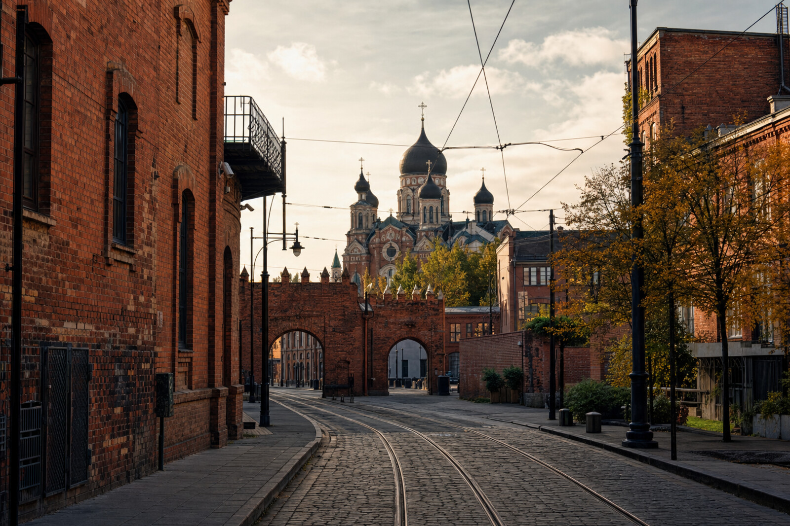 Illustration of Praga on the right bank: red-brick factories, market gates, and cathedral domes above a cobbled street