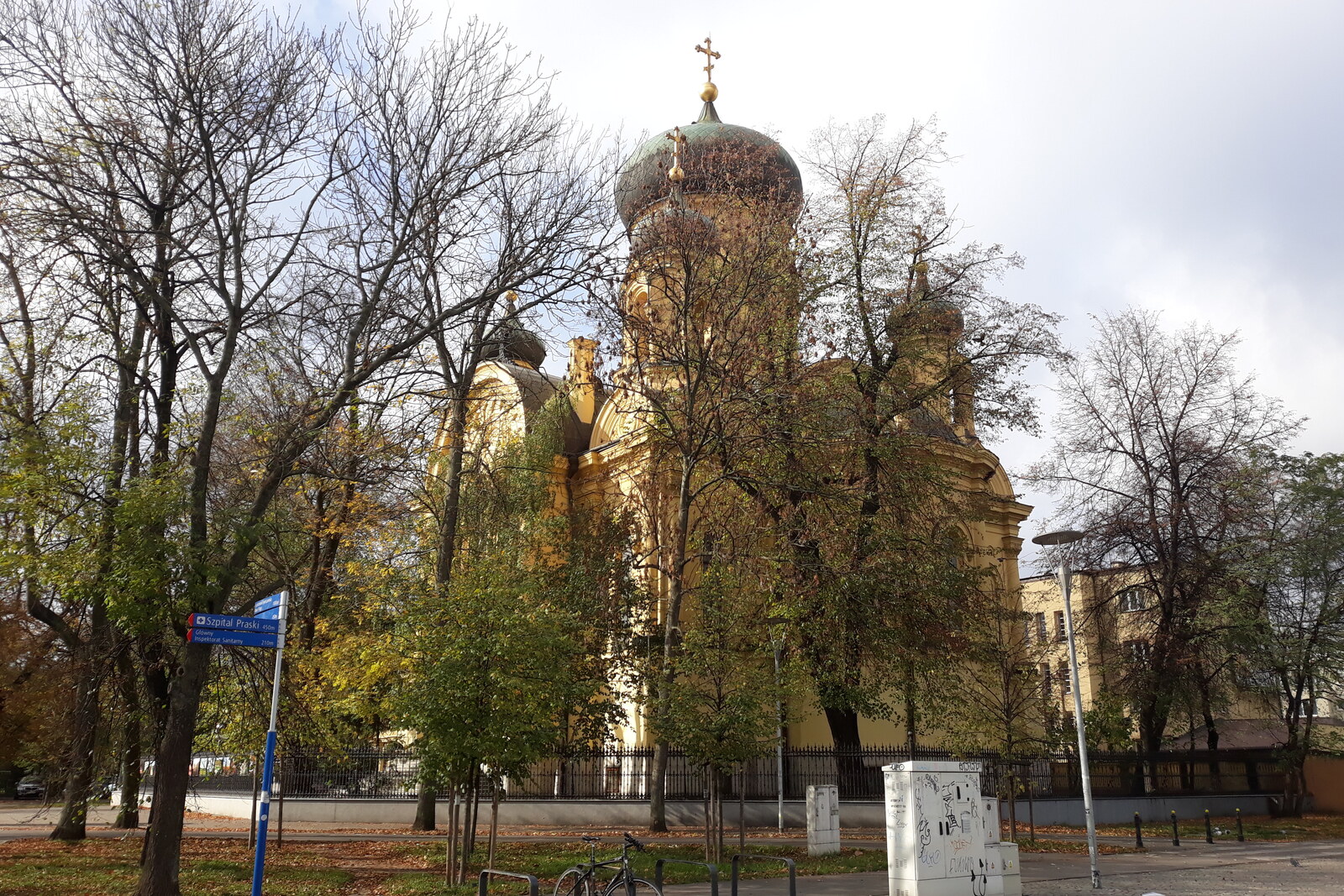 An Orthodox cathedral with five green domes and a tall facade