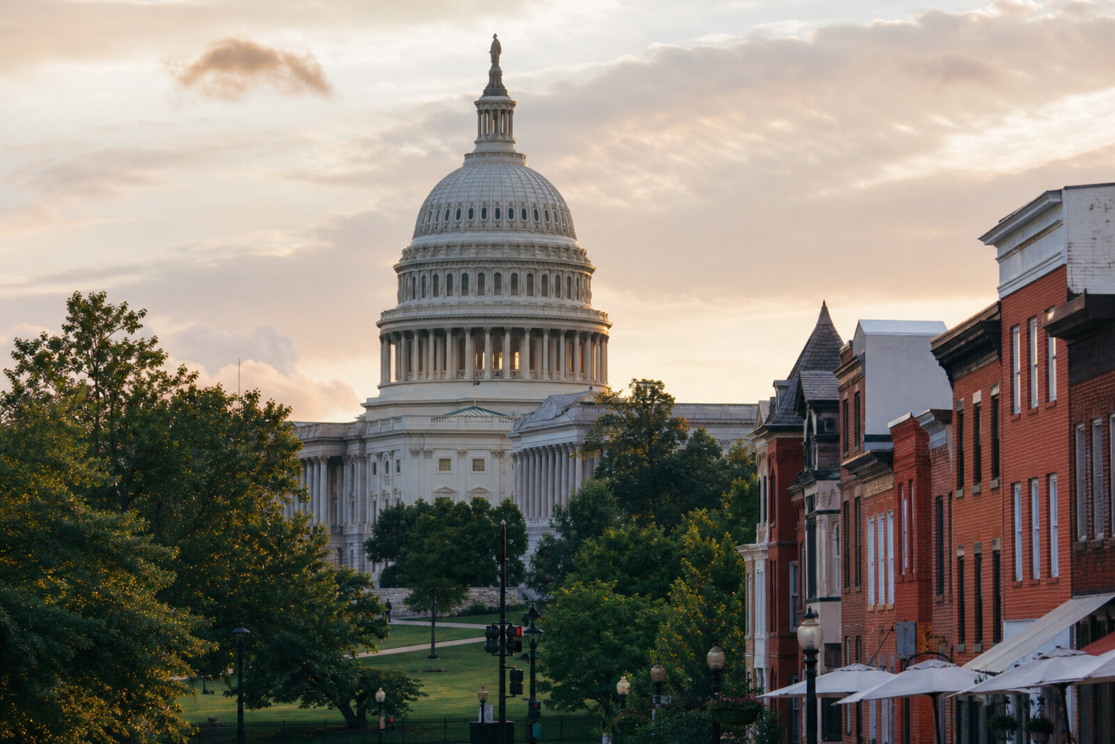 Stylized scene: the U.S. Capitol dome and colonnades rise above a green park and a street market, bringing law and neighborhood life together.