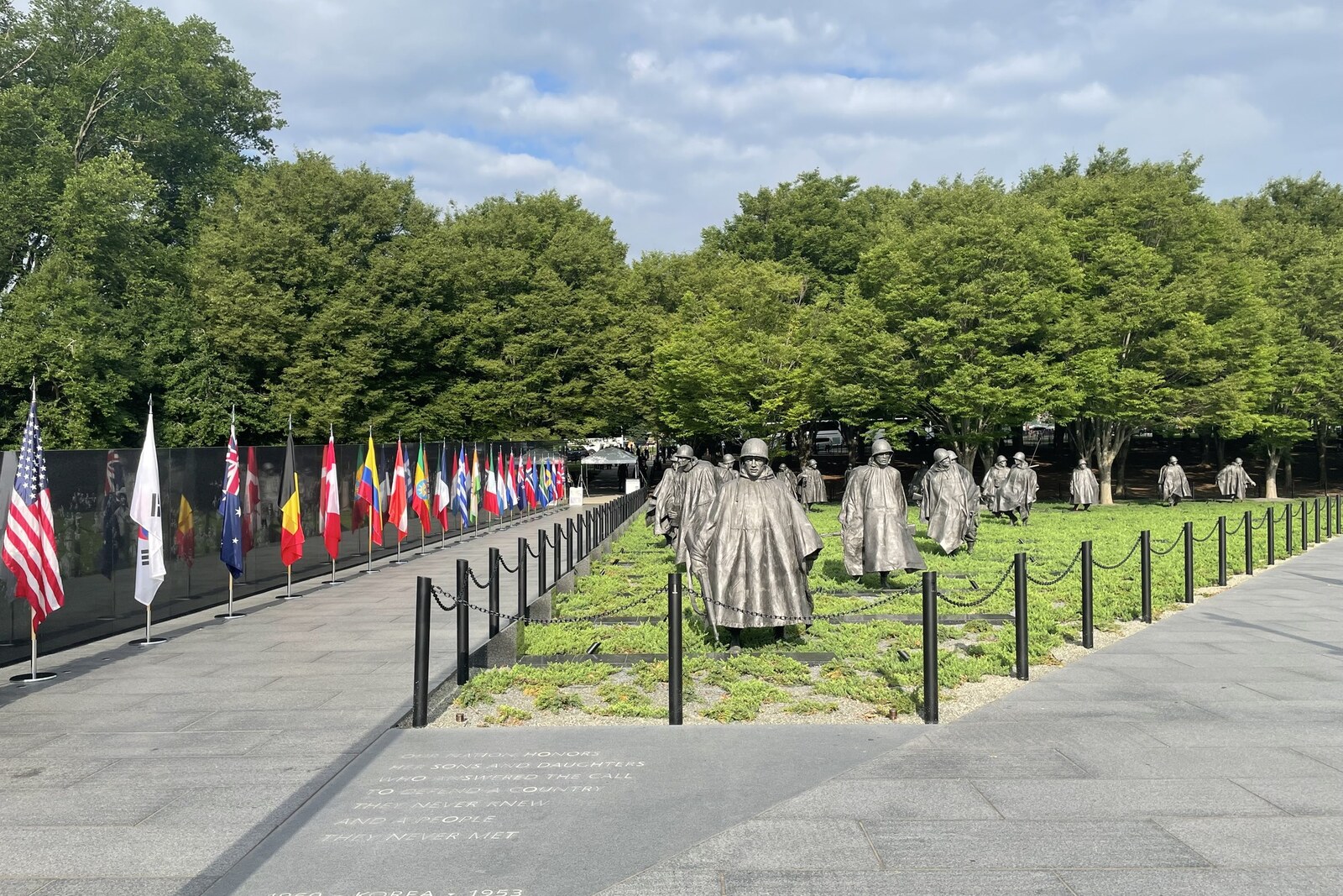 Korean War Veterans Memorial: figures of service members and the Wall of Remembrance.