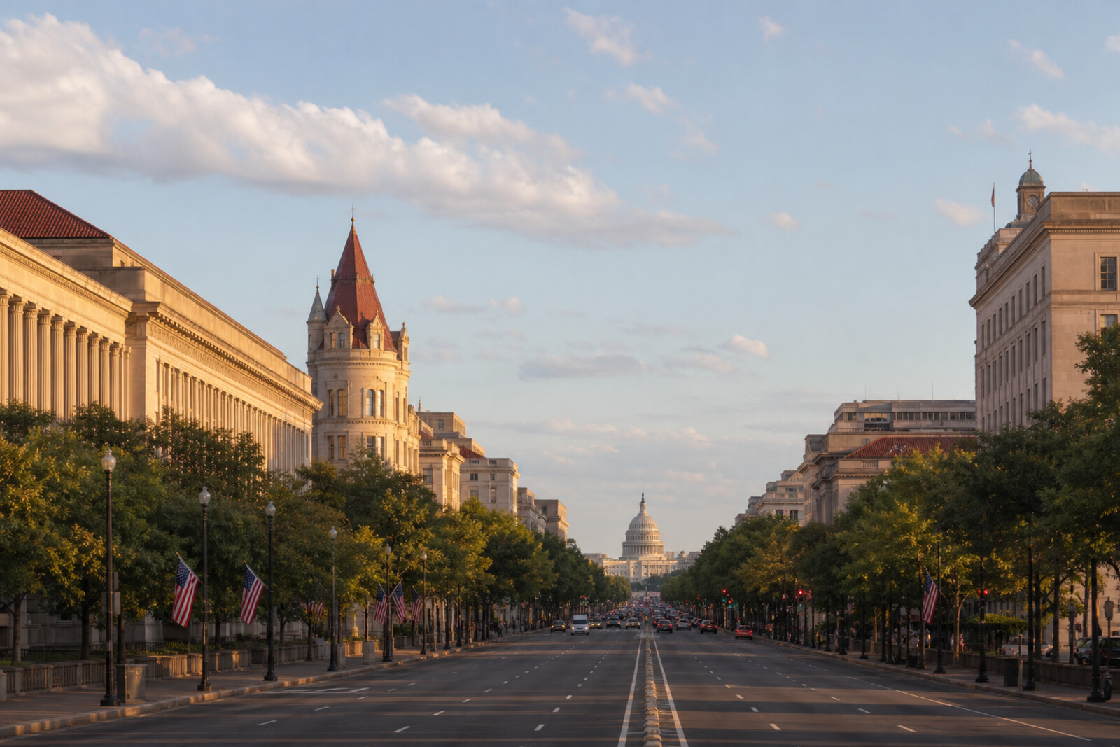 An artistic image of Pennsylvania Avenue, with a broad avenue, columns, and trees, representing the route between the White House and the United States Capitol.