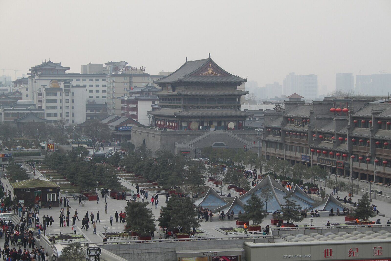 View from the Xi'an Bell Tower toward the Xi'an Drum Tower in Xi'an.