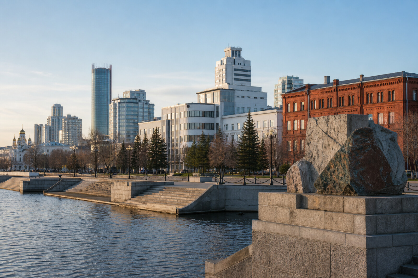 An illustrative composition of Plotinka, constructivist volumes, and modern perforated architecture beside the Iset River.