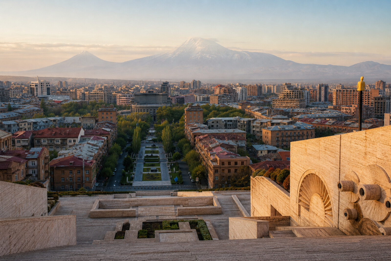 Yerevan’s graphic axis from a tuff square through Yerevan Opera Theatre and Yerevan Cascade to Matenadaran