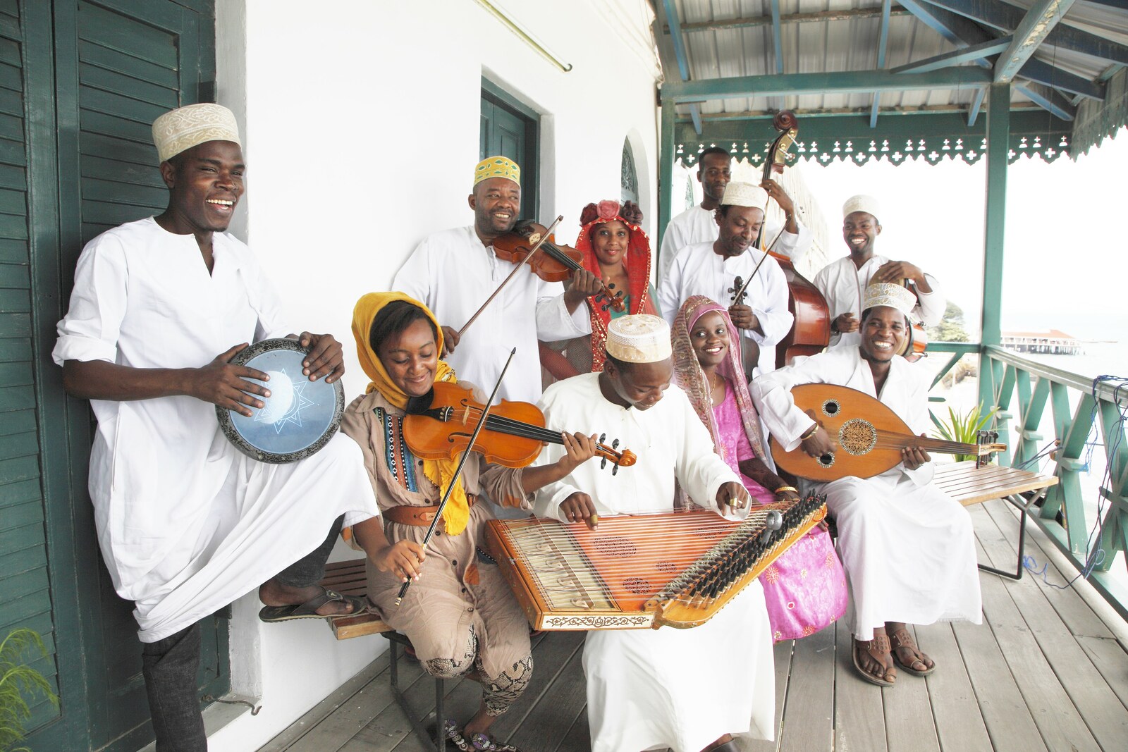 Musicians of a taarab ensemble on the balcony of the Dhow Countries Music Academy in the Old Customs House