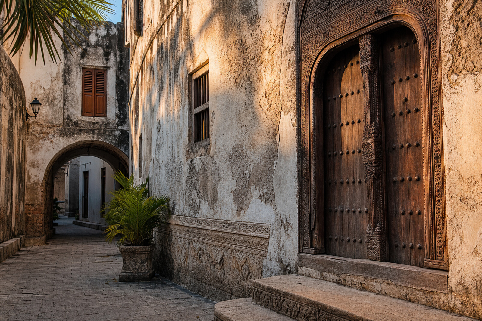 Stylized view of arches and carved doors in Stone Town