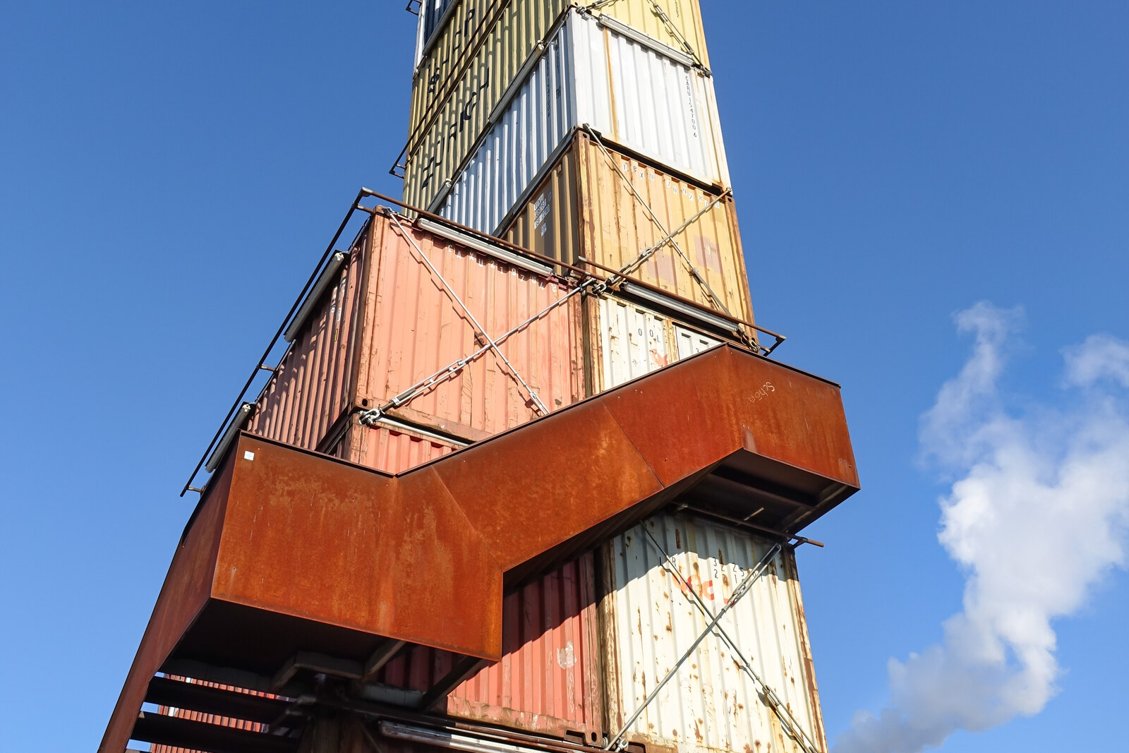 A tower of brightly colored shipping containers—the FREITAG store